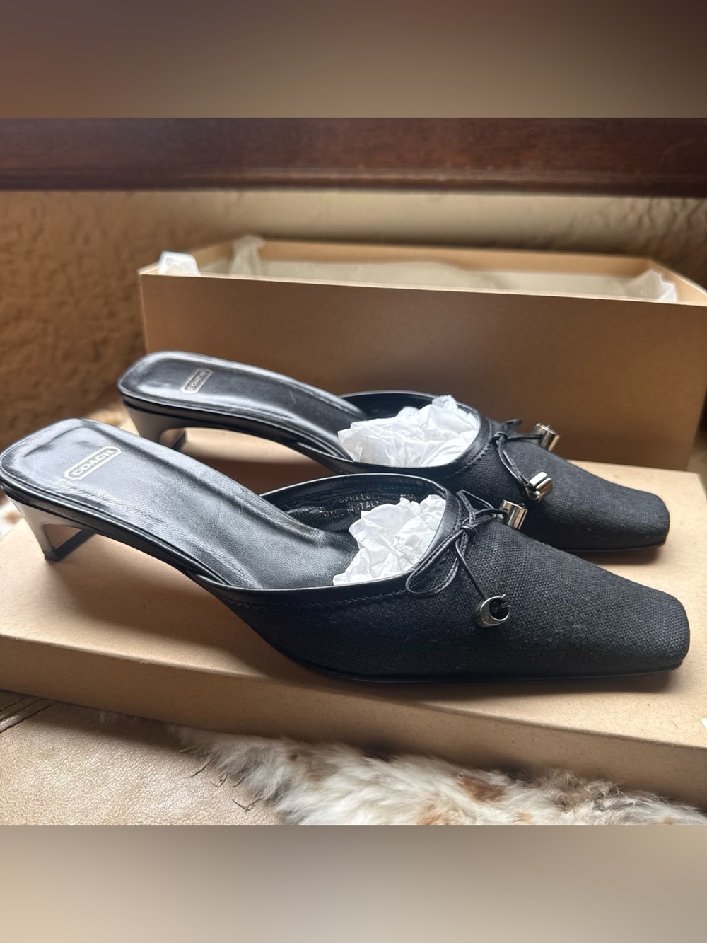 Vintage Coach Black Heeled Mules With Carms